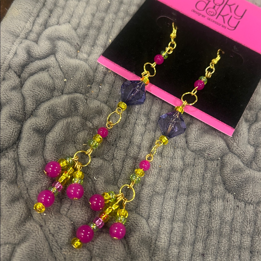 Long Mardi Gras Elegant Crystal Dangle Earrings-Nwt